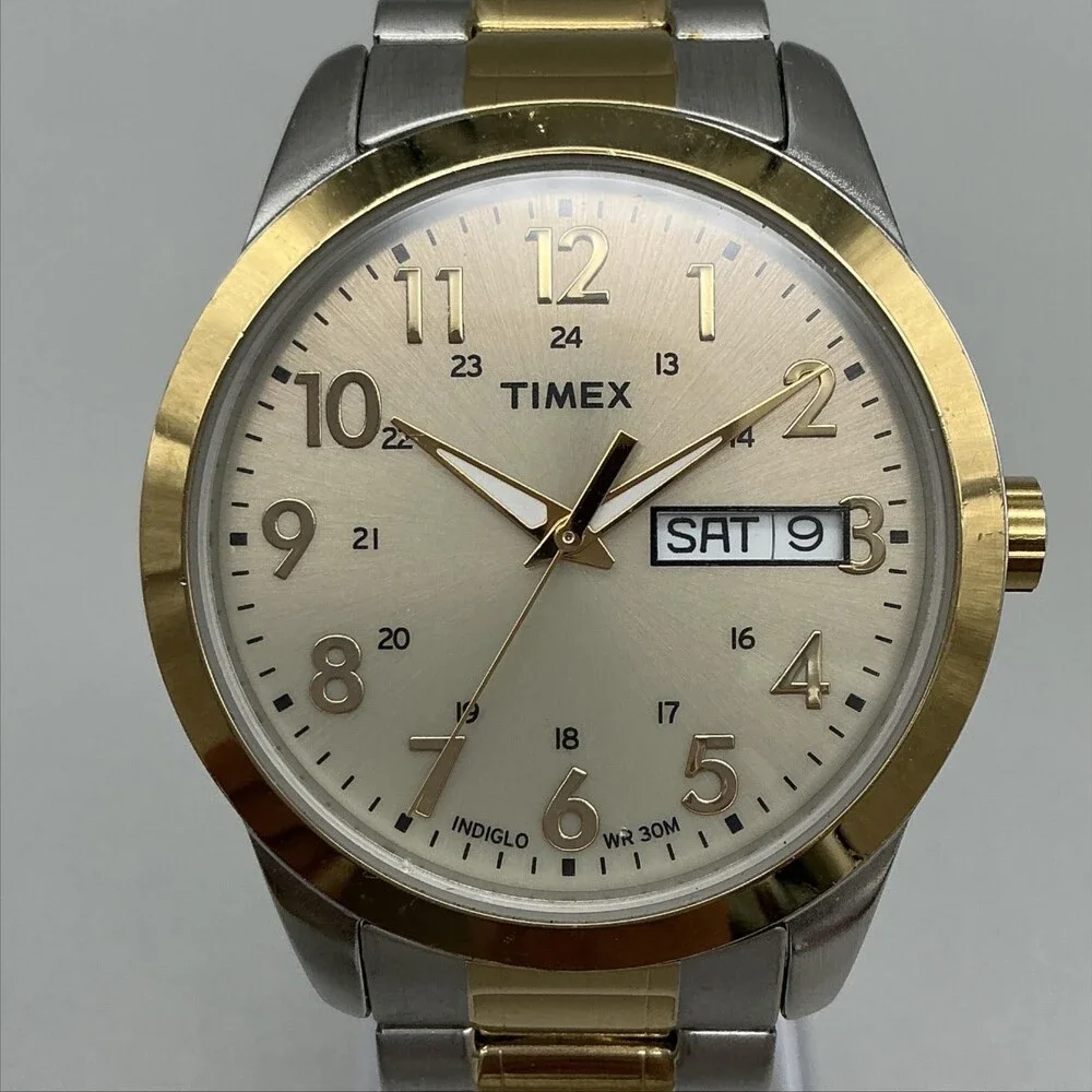 Timex T4M935 Men Watch 36mm Champagne Dial Two Tone Indiglo Day Date New Battery